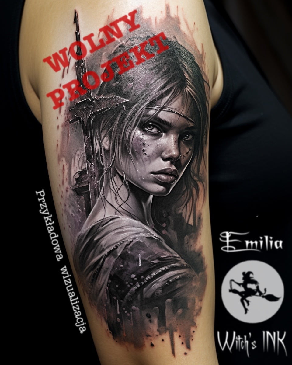 em999. a tattoo with a woman and a sword in the style of realis fc053629 69c1 4f0e 872b c7a1d8a54f67