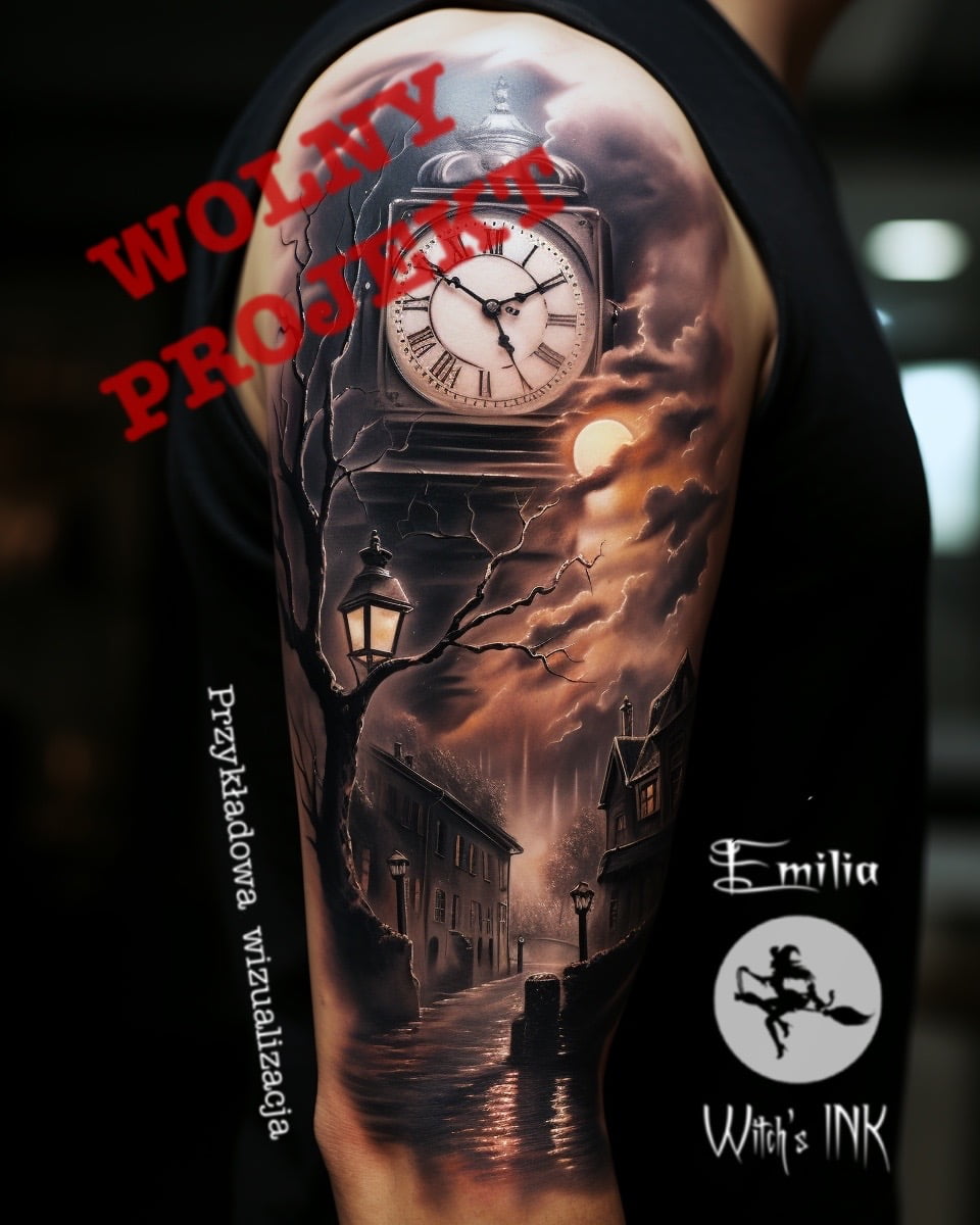 em999. in a clock tower tattoo on shoulder in the style of mood 59fcc249 27a9 4612 87b9 d864f9183de0
