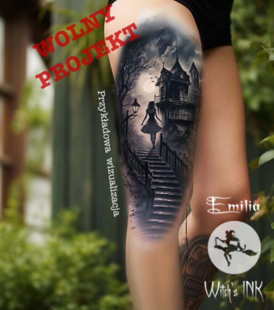 em999. black and white thigh tattoo in the style of aleksey sav 20db5734 78e4 48f5 b476 cb83d280c213