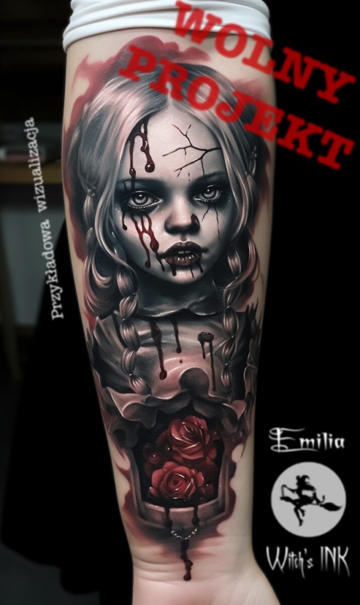em999. horror doll tattoo photorealistic tattoo design original e18570a0 d96f 4208 9c24 16f02ba068c2