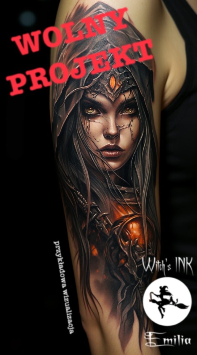 Projekt tatuażu kobieta fantasy w kapturze