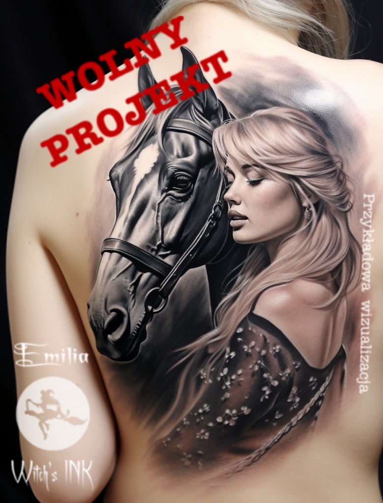 Projekt tatuażu kobieta i koń