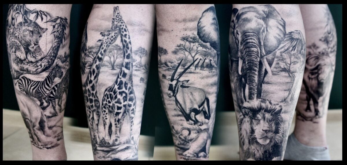 tatuaz realistyczny motyw safari zwierzeta afrykanskie